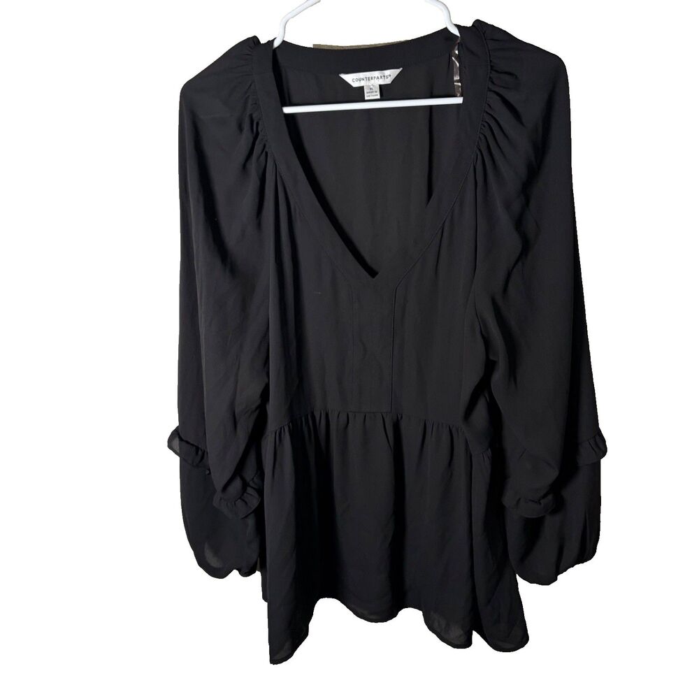 Counterparts Blouse Women's XL Black 3/4 Sleeve Ruffle V-Neck Lightweight Top